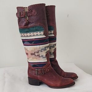 Freebird by Steven Qxote Cognac Leather Navajo Tribal Woven High Boots 7M